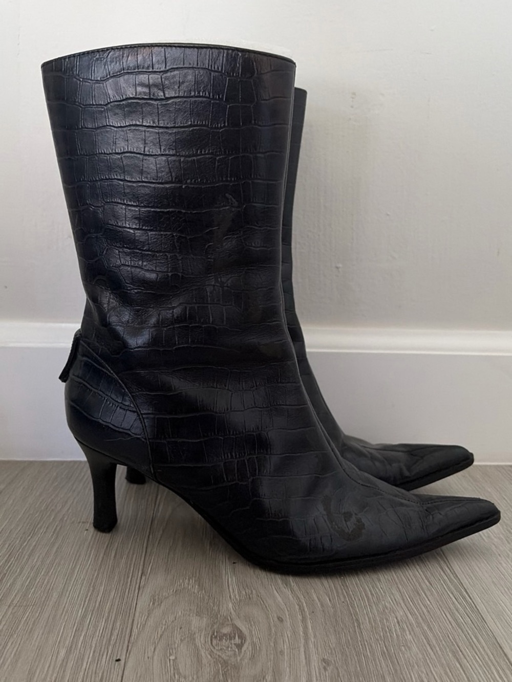 Nine West Lovellr Black Croc-Embossed Leather Kitten Heel Boots